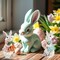 Easter Bunny Figurines Set of 2 - Hand-Painted Resin Rabbit Decorations with Carrots and Easter Egg (White)
